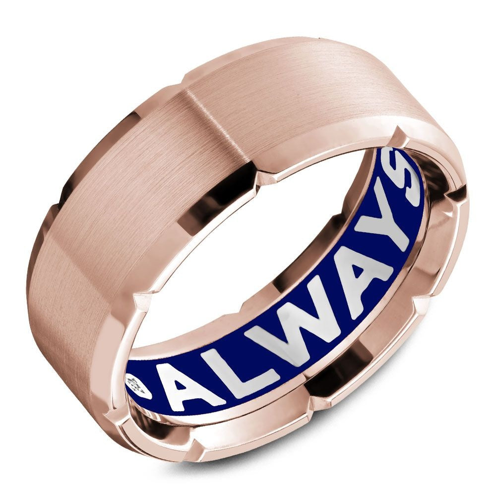 Carlex Men's Wedding Band - G4 18K Rose Gold with Satin Center, High Polish Edges, and Hidden Blue Enamel Message- Center Stone Sold Separately - 8.5mm Width from the G4 Collection