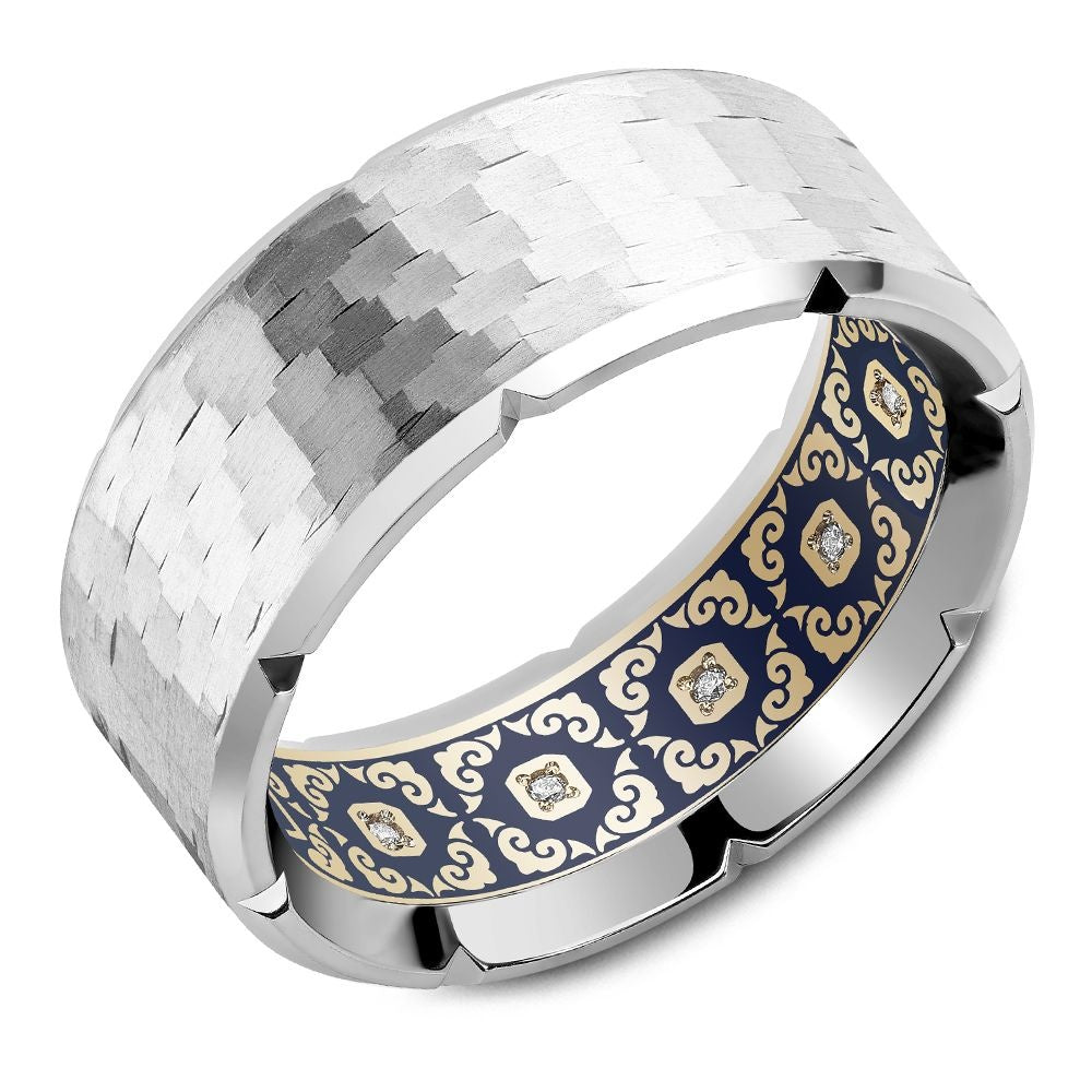 Carlex Men's Wedding Band - G4 18K White Gold and Yellow Gold with Frosted Hammered Finish and Interior Diamond Scrollwork- Special Order - 8.5mm Width from the G4 Collection
