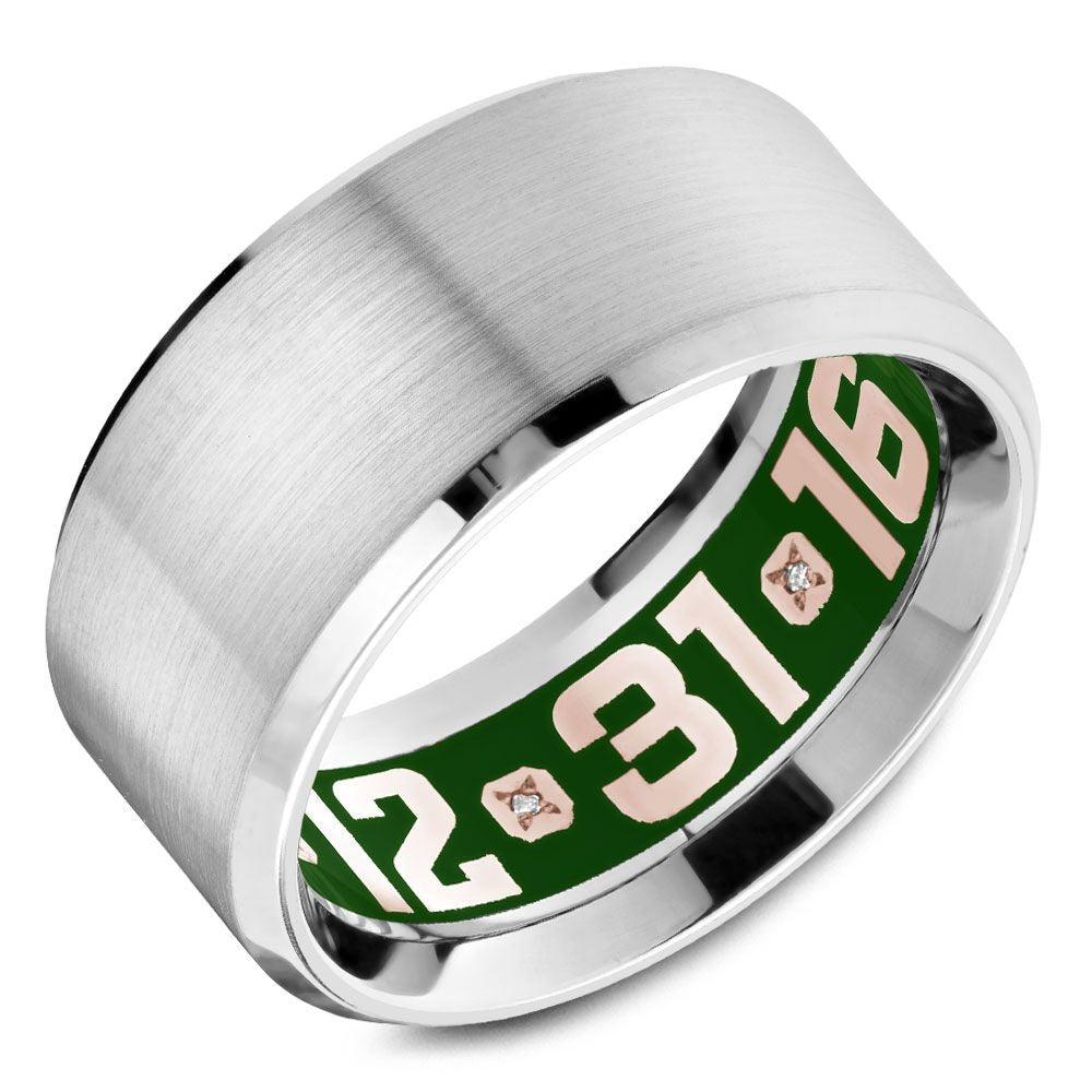 Carlex Men's Wedding Band - G4 18K White and Rose Gold with Custom Green Enamel Interior and Diamond Accents- Center Stone Sold Separately - 10.5mm Width from the G4 Collection