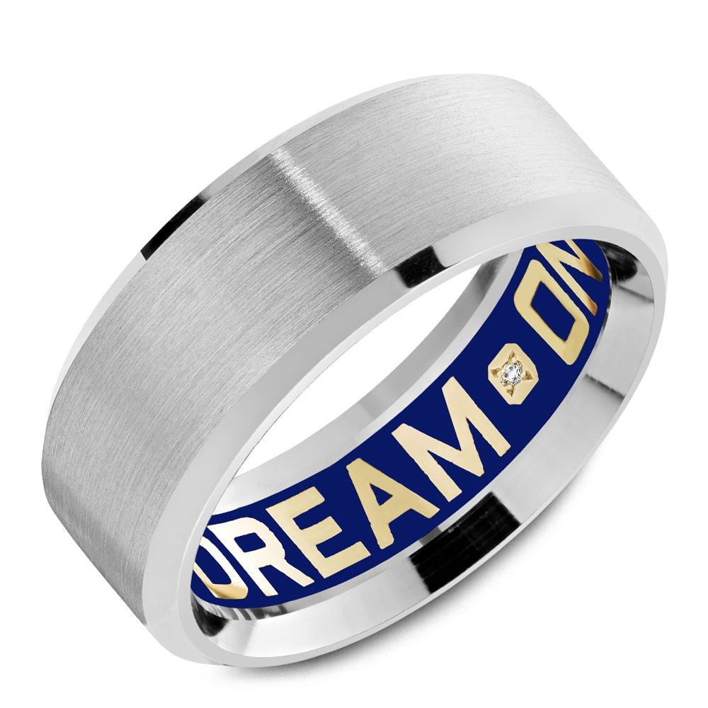 Carlex Men's Wedding Band - G4 18K White Gold with Sandpaper Center, High Polish Bevels, and Hidden "DREAM ON" Diamond Interior - 8.5mm Width from the G4 Collection