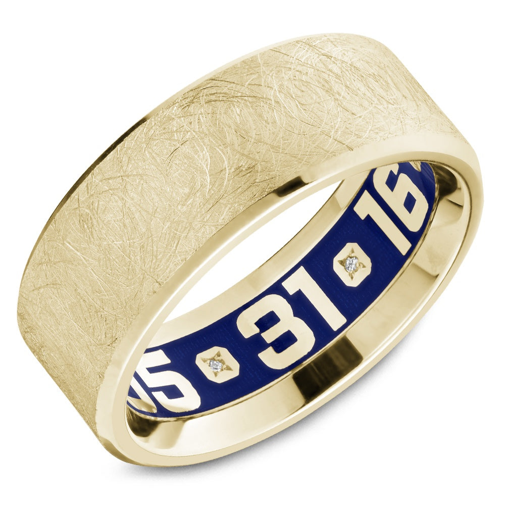 Carlex Men's Wedding Band - G4 18K Yellow Gold with Diamond Brush Top and Blue Enamel Interior - Diamond Accents Sold as Finalized Design - 8.5mm Width from the G4 Collection