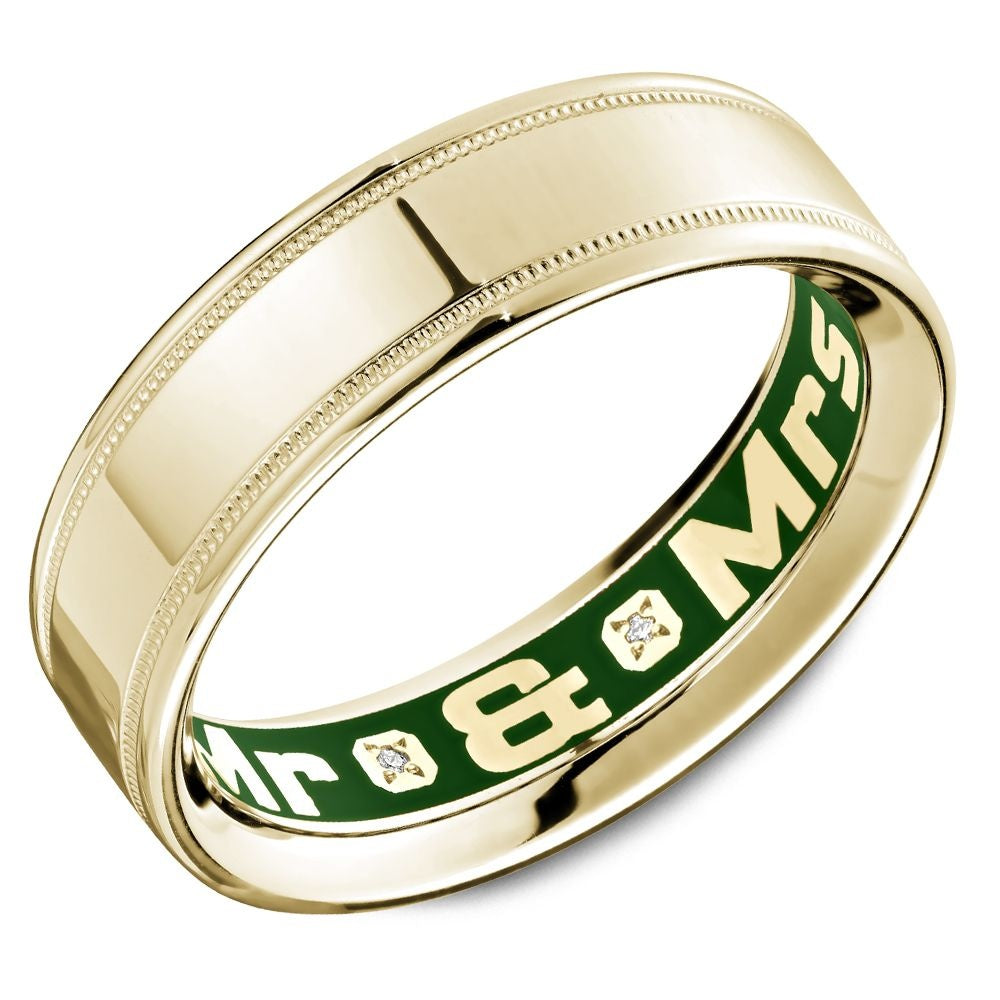 Carlex Men's Wedding Band - G4 18K Yellow Gold with Green Enamel and Diamond Accent Interior - 6.5mm Width from the G4 Collection