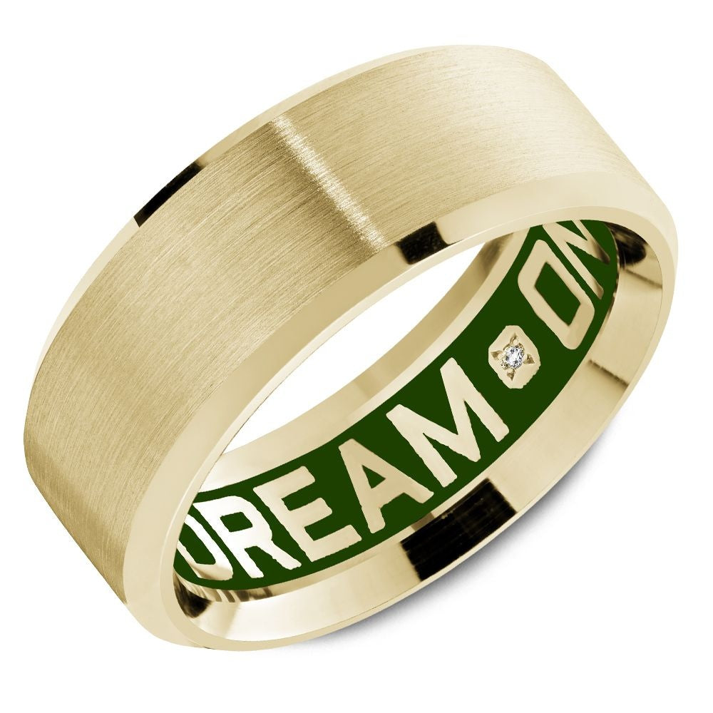 Carlex Men's Wedding Band - G4 18K Yellow Gold with Satin Finish, High Polish Bevels, and "DREAM ON" Interior Diamond Inscription - 8.5mm Width from the G4 Collection