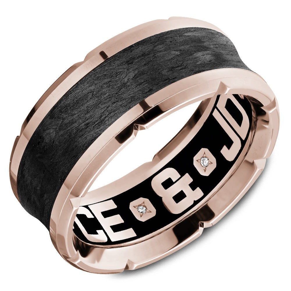 Carlex Men's Wedding Band - G4 in Forged Carbon Fiber & 18K Rose Gold with Hidden Interior Diamonds and Notched Edge Profile - 9.5mm Width from the G4 Collection