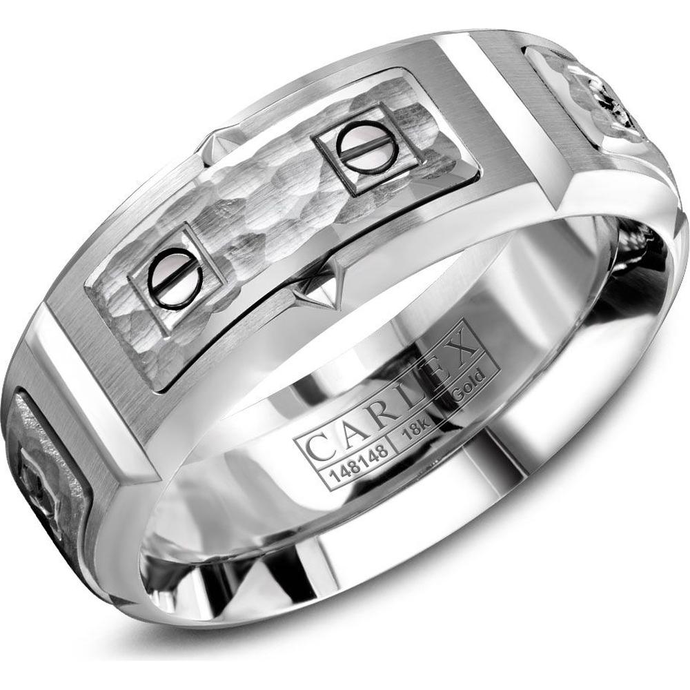 Carlex Men's Wedding Band - Hammered Plates with Polished Screws and Beveled Edges in White Gold - 8mm Width from the G2 Collection