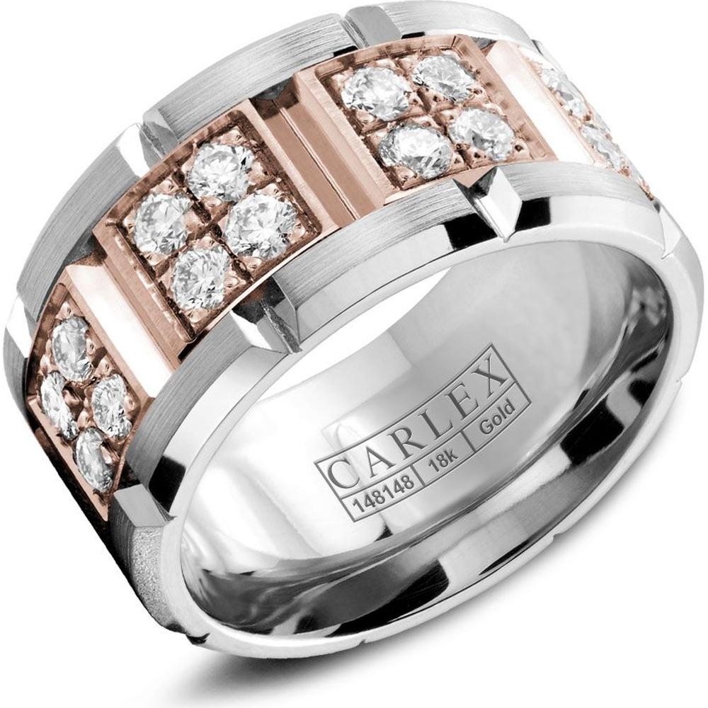Carlex Men's Wedding Band - Notched Design with Quad-Set Diamonds , Brushed Accents and Polished Beveled Edges in White Gold and Rose Gold - 10.5mm Width from the G1 Collection