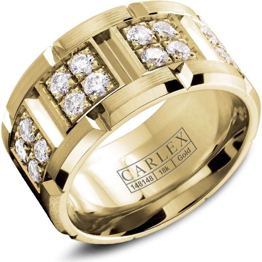 Carlex Men's Wedding Band - Notched Design with Quad-Set Diamonds , Brushed Accents and Polished Beveled Edges in Yellow Gold - 10.5mm Width from the G1 Collection