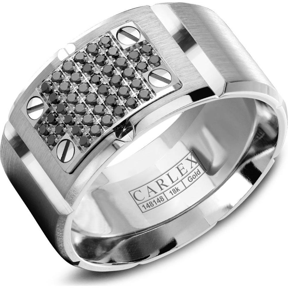 Carlex Men's Wedding Band - Pavé Black Diamond Plate with Polished Screw Detailing, Brushed Surface and Polished Edges in White Gold - 11.5mm Width from the G2 Collection