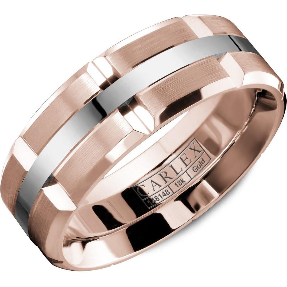 Carlex Men's Wedding Band - Polished Center with Notched Brushed Detailing and Polished Beveled Edges in Rose Gold and White Gold - 7.5mm Width from the G1 Collection