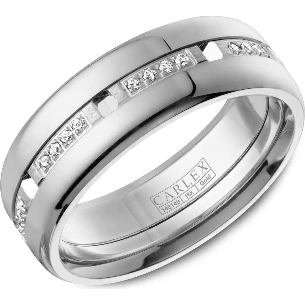 Carlex Men's Wedding Band - Polished Finish with a Brushed Inlay and Geometric Detailing in White Gold - 7.5mm Width from the G1 Collection