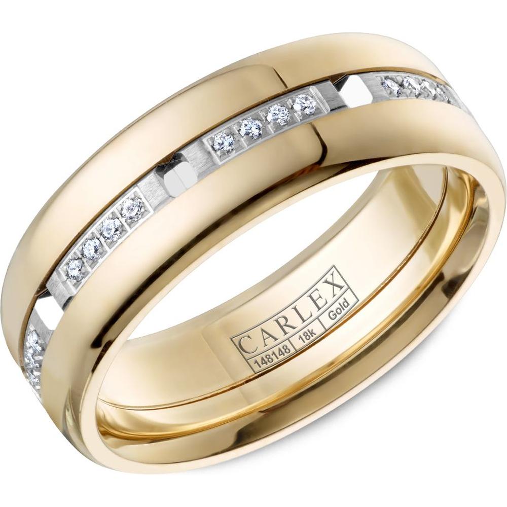 Carlex Men's Wedding Band - Polished Finish with a Brushed Inlay and Geometric Detailing in Yellow Gold and White Gold - 7.5mm Width from the G1 Collection