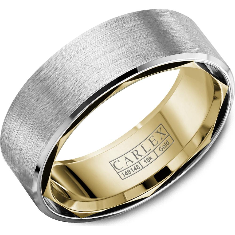 Carlex Men's Wedding Band - Polished Finish with Inset Diamond Accents and Brushed Detailing in White Gold and Yellow Gold - 7.5mm Width from the G1 Collection