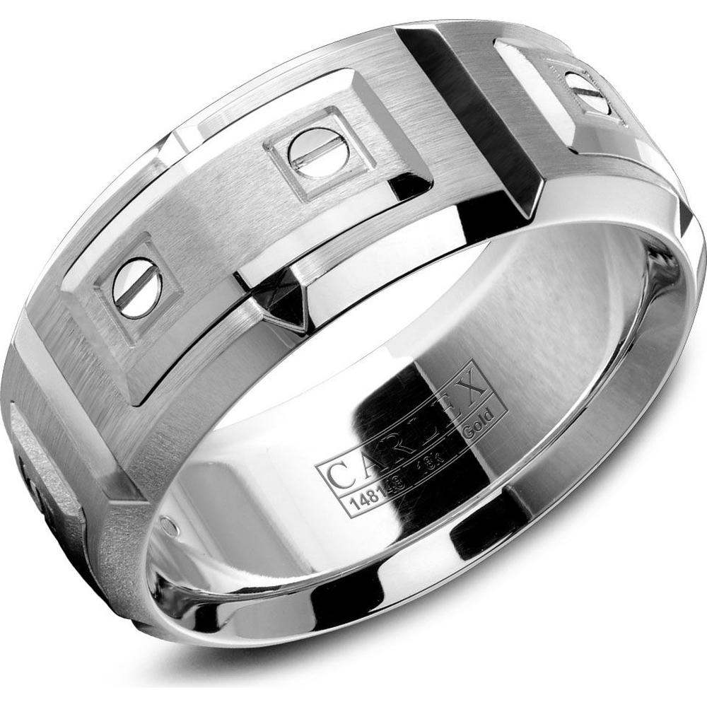 Carlex Men's Wedding Band - Screw-Set Brushed Panels on Brushed Surface and Polished Edges in White Gold - 9.5mm Width from the G2 Collection