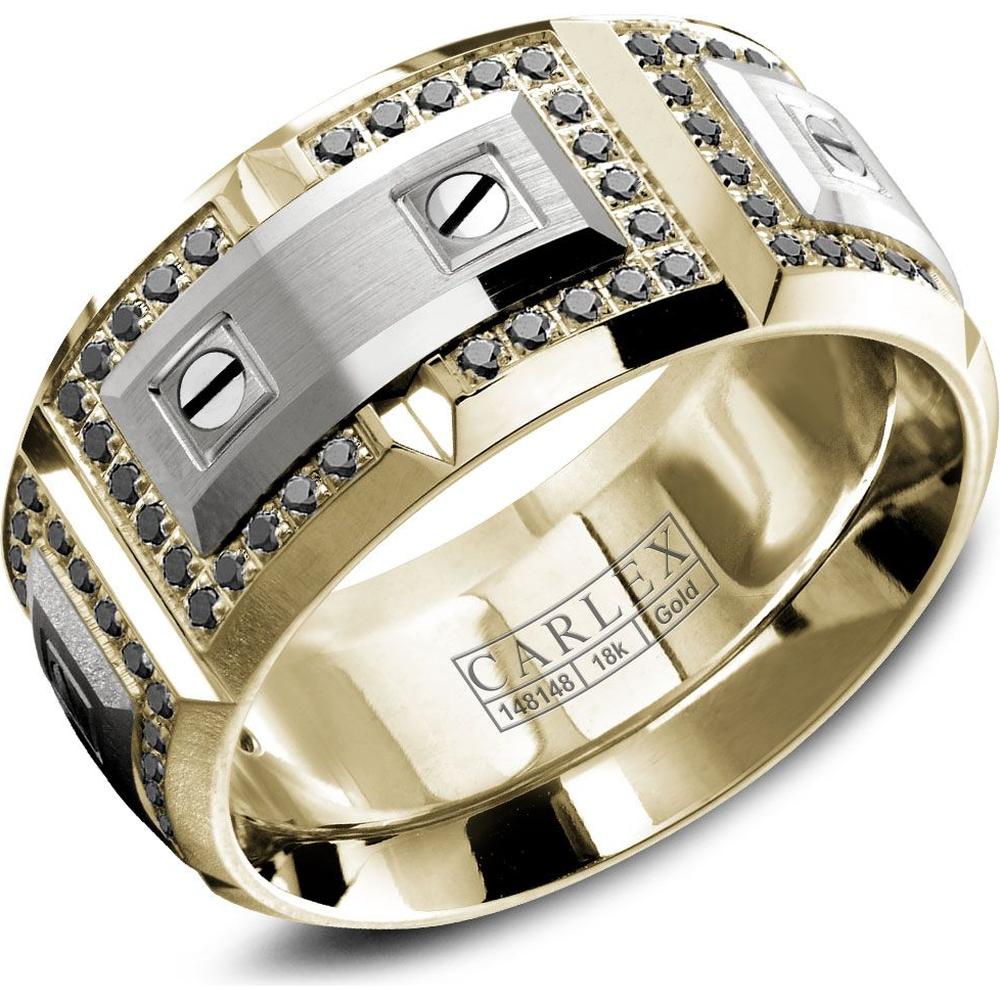 Carlex Men's Wedding Band - Screw-Set Brushed White Gold Panels Framed with Black Diamond Pavé Accents and Polished Edges in Yellow Gold and White Gold - 11mm Width from the G2 Collection