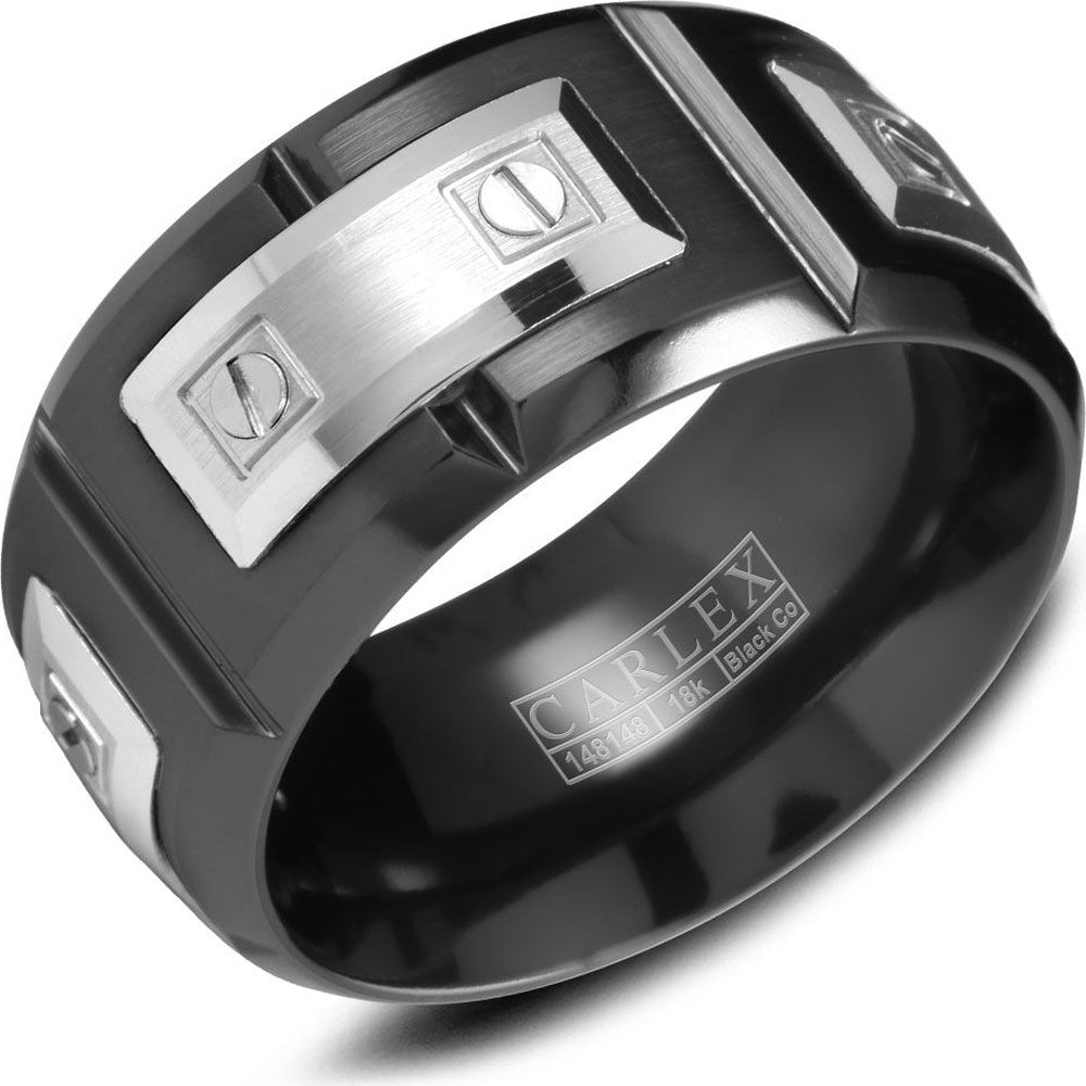 Carlex Men's Wedding Band - Sport 18K White Gold and Black Cobalt with Round Diamond Screw-Head Sections - 11mm Width from the Sport Collection