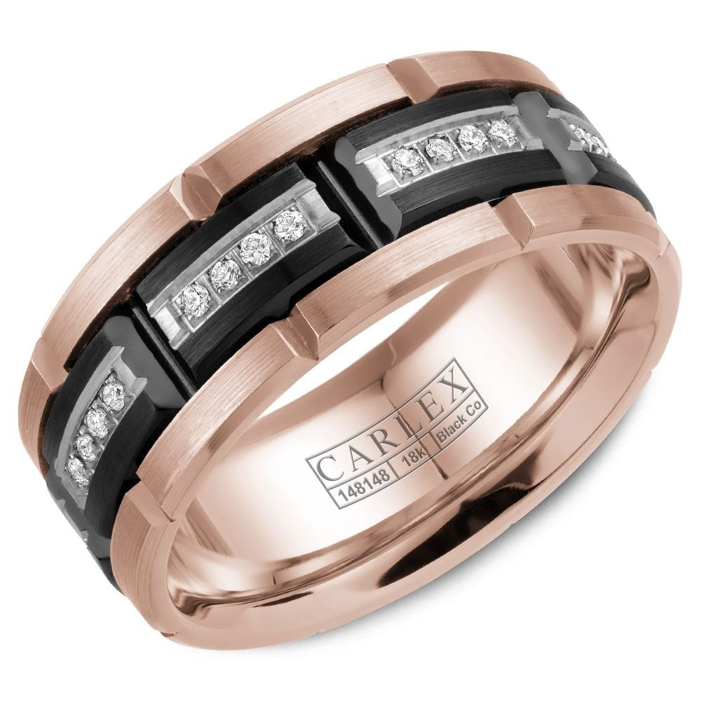 Carlex Men's Wedding Band - Sport 18K Rose Gold and Black Cobalt with Channel-Set Round Diamonds - 0.19 Carat Total Diamond Weight - 9mm Width from the Sport Collection