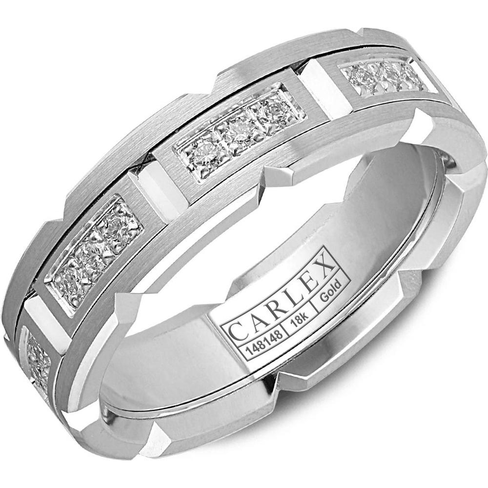 Carlex Men's Wedding Band - Tri-Diamond Panels with Brushed and Notched Edges in White Gold - 6.5mm Width from the G1 Collection