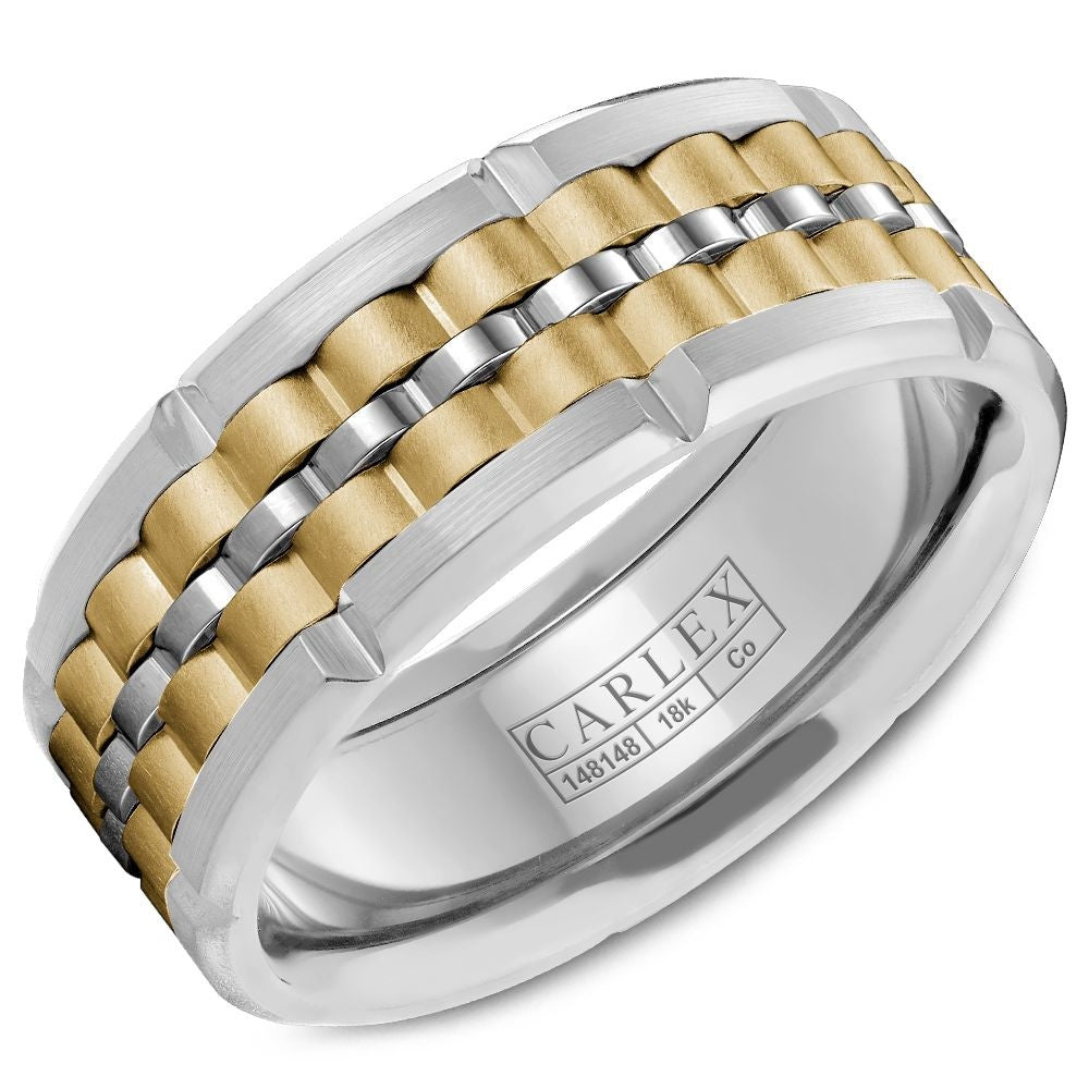 Carlex Men's Wedding Band - Two-Tone Cobalt and 18K White Gold and Yellow Gold Link - 9mm Width from the Sport Collection
