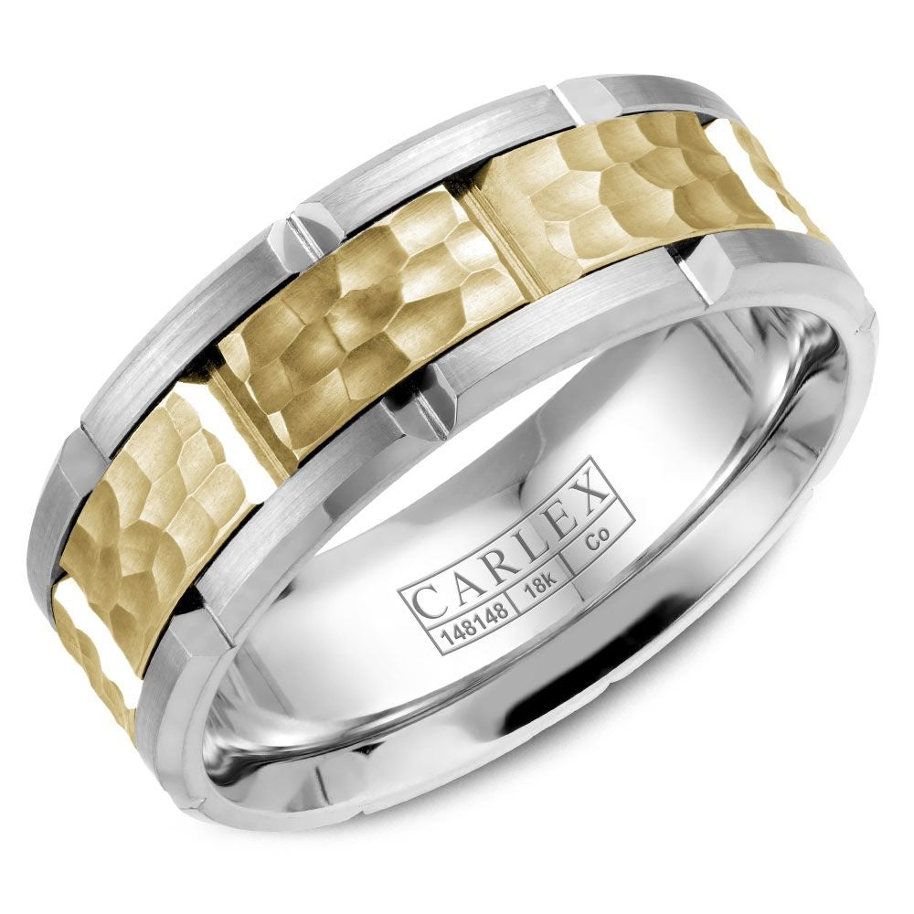 Carlex Men's Wedding Band - Two-Tone in 18K Yellow Gold and Cobalt with Frosted Hammered Center and Sandpaper Sides - 7.5mm Width from the Sport Collection