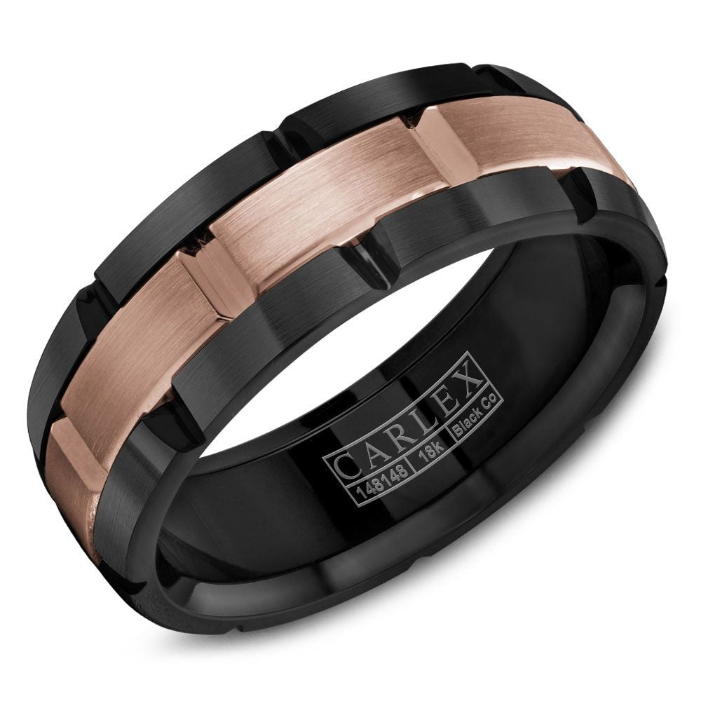 Carlex Men's Wedding Band - Two-Tone in 18K Rose Gold and Black Cobalt with Sandpaper Finish - 7.5mm Width from the Sport Collection