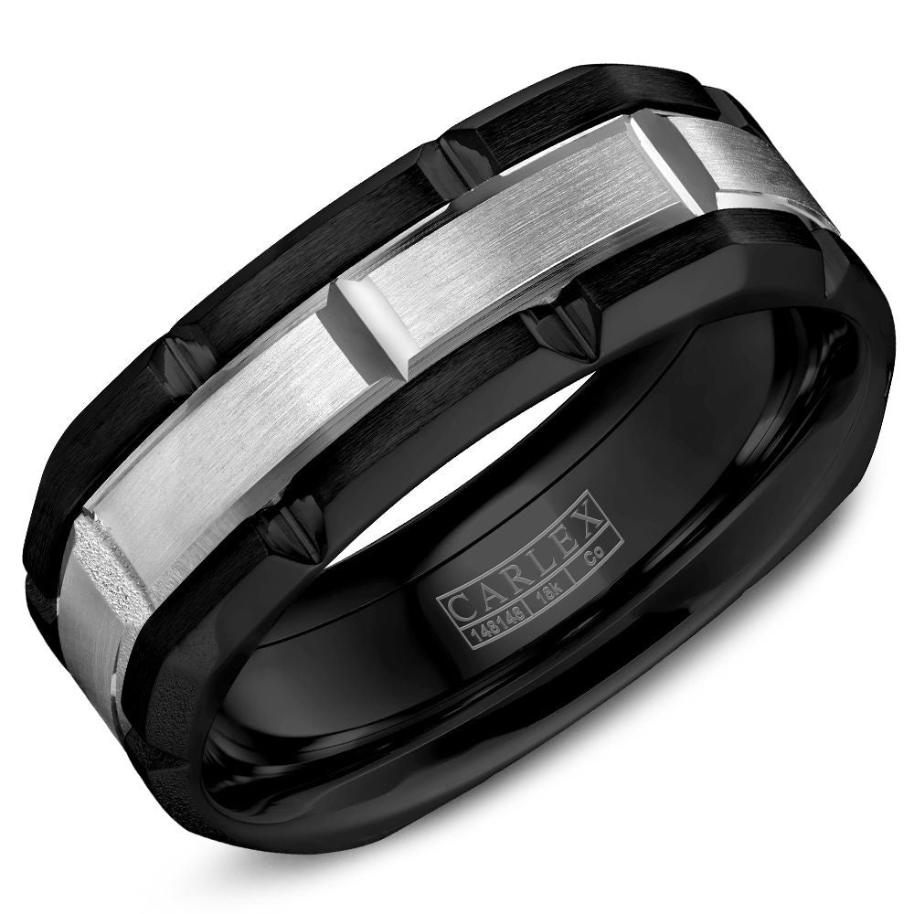Carlex Men's Wedding Band - Two-Tone in Black Cobalt and 18K White Gold with Brushed Center - 7.5mm Width from the Sport Collection
