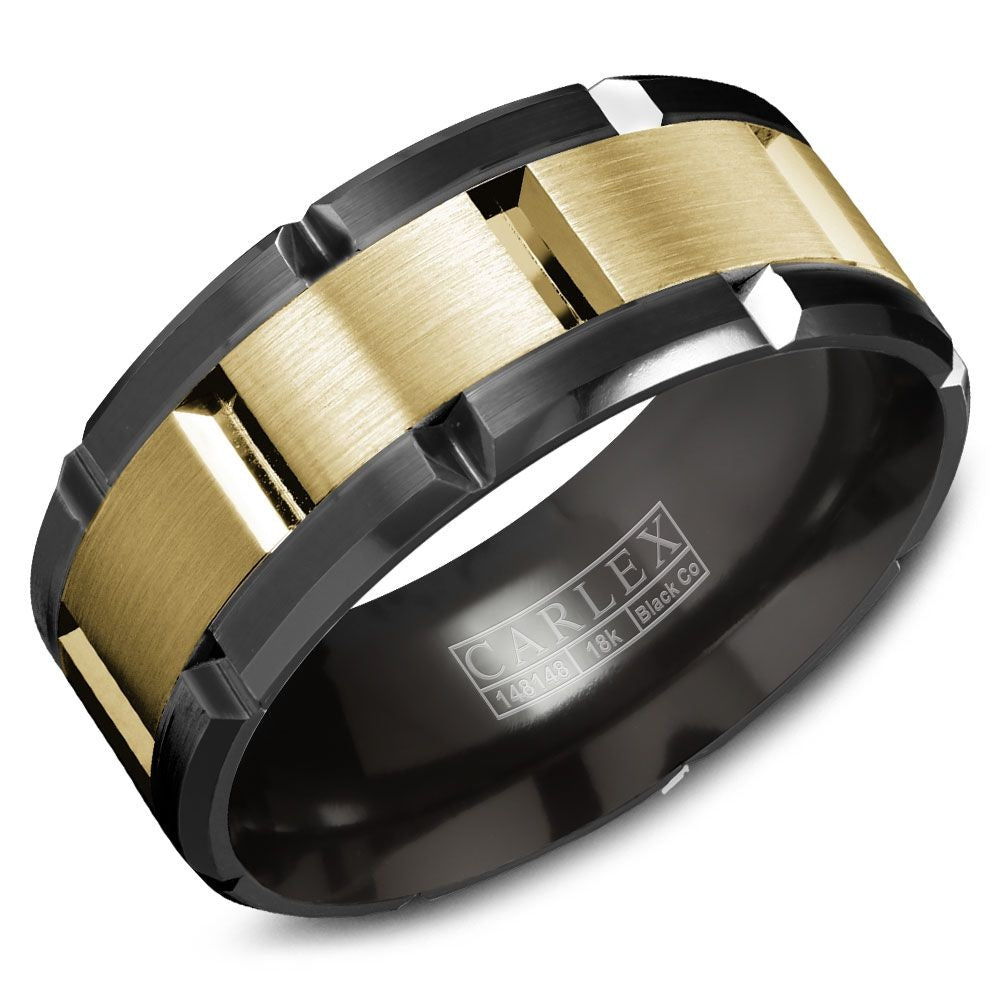 Carlex Men's Wedding Band - Two-Tone in Cobalt and 18K Yellow Gold with Sandpaper Finish and High Polish Bevels - 9mm Width from the Sport Collection