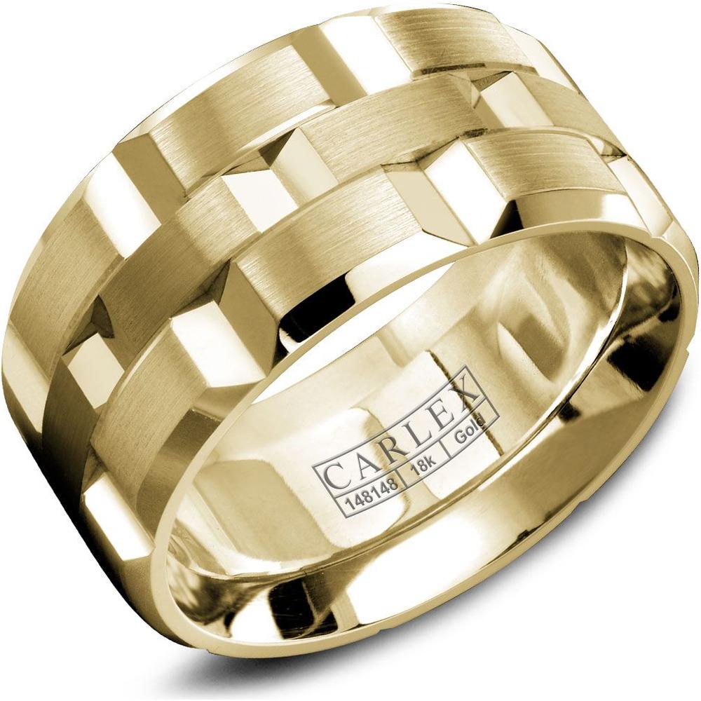 Carlex Men's Wedding Band - Wide Brushed Bands with Polished Geometric Notches in Yellow Gold - 11mm Width from the G1 Collection