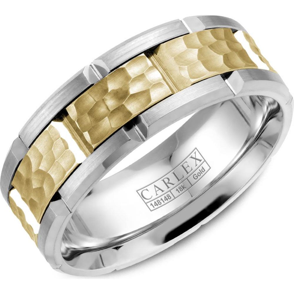 Carlex Men's Wedding Band - Yellow Gold Hammered Center with Notches and Polished Edges in White Gold and Yellow Gold - 7.5mm Width from the G1 Collection