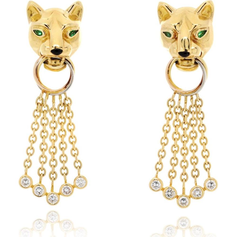 Cartier 18K Yellow Gold & Platinum Panthère Dangling Earrings with Diamond Chain Accents - Luxury Statement Jewelry