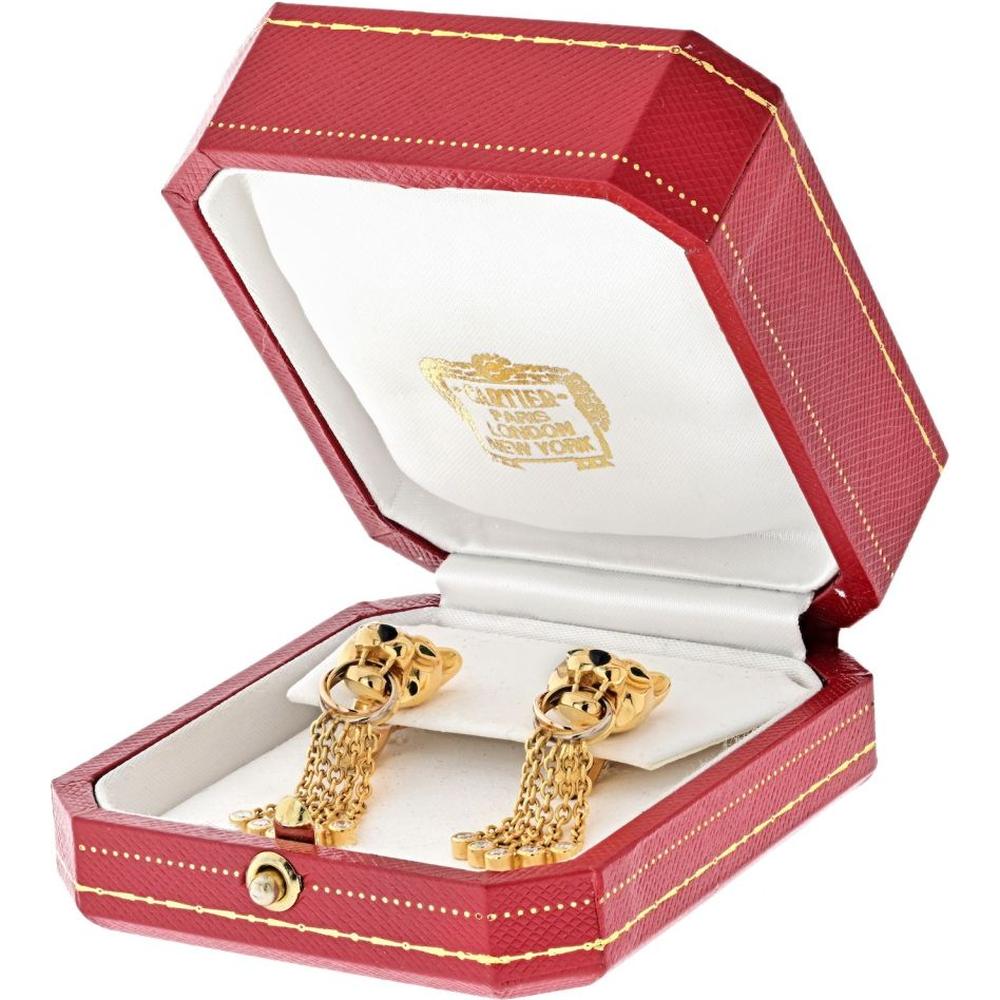 Cartier 18K Yellow Gold & Platinum Panthère Dangling Earrings with Diamond Chain Accents - Luxury Statement Jewelry