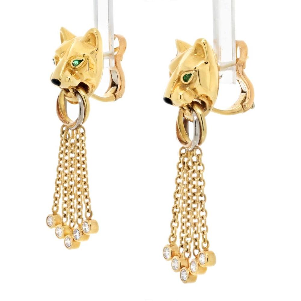 Cartier 18K Yellow Gold & Platinum Panthère Dangling Earrings with Diamond Chain Accents - Luxury Statement Jewelry