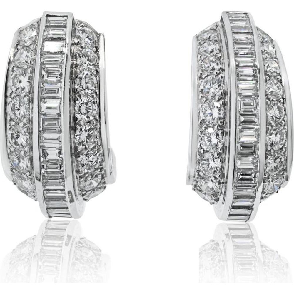Cartier Platinum 23mm Diamond Huggie Earrings with Round and Baguette Diamonds - 8.00 Carats Total Diamond Weight
