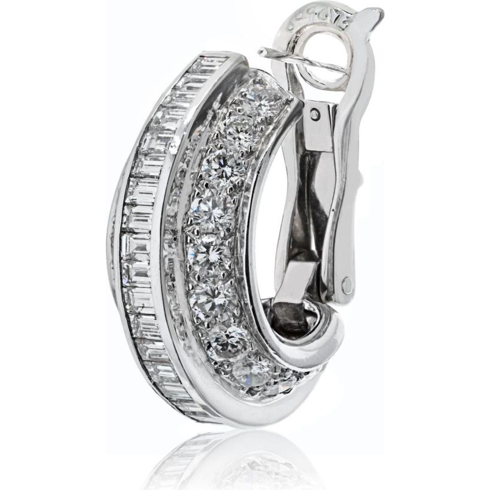 Cartier Platinum 23mm Diamond Huggie Earrings with Round and Baguette Diamonds - 8.00 Carats Total Diamond Weight