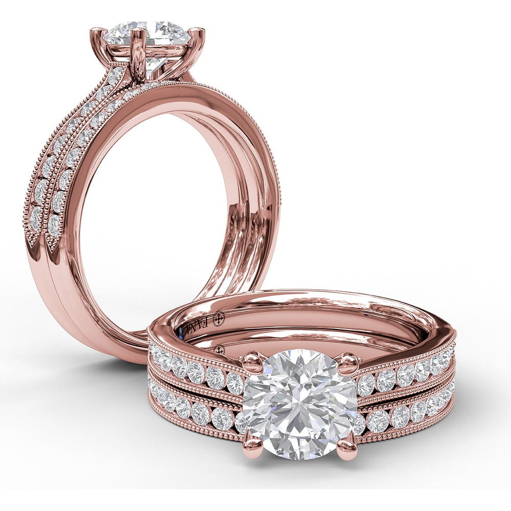 Cathedral Engagement Ring Setting with Single Row Channel Milgrain Diamonds by Fana - 0.37 Carat Total Diamond Weight