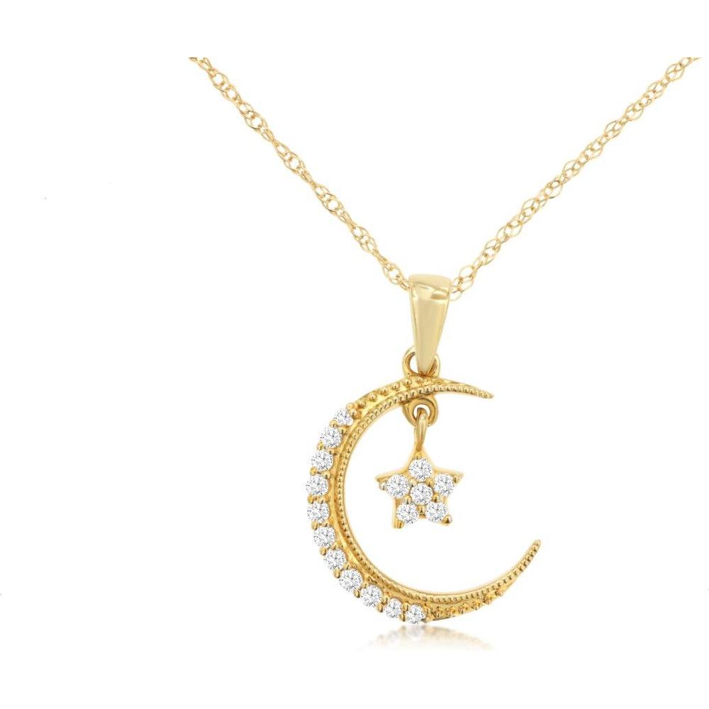 Celestial 14K Yellow Gold Diamond Moon Star Necklace - 0.12 Carat Total Diamond Weight