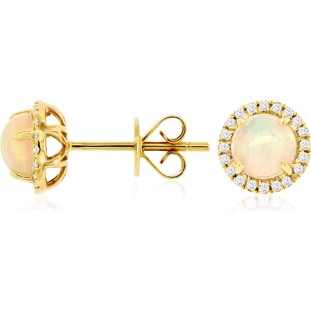 Celestial Glow: 14K Yellow Gold Opal & Diamond Stud Earrings