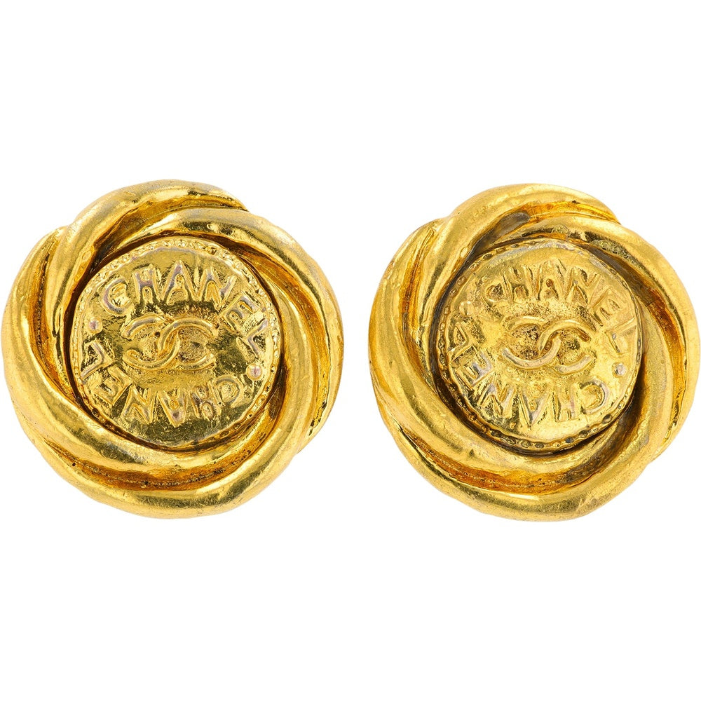 Chanel 18K Yellow Gold Vintage-Inspired Stud Earrings with Embossed CC Logo and Textured Coin Motif