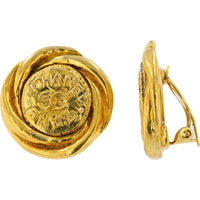 Chanel 18K Yellow Gold Vintage-Inspired Stud Earrings with Embossed CC Logo and Textured Coin Motif