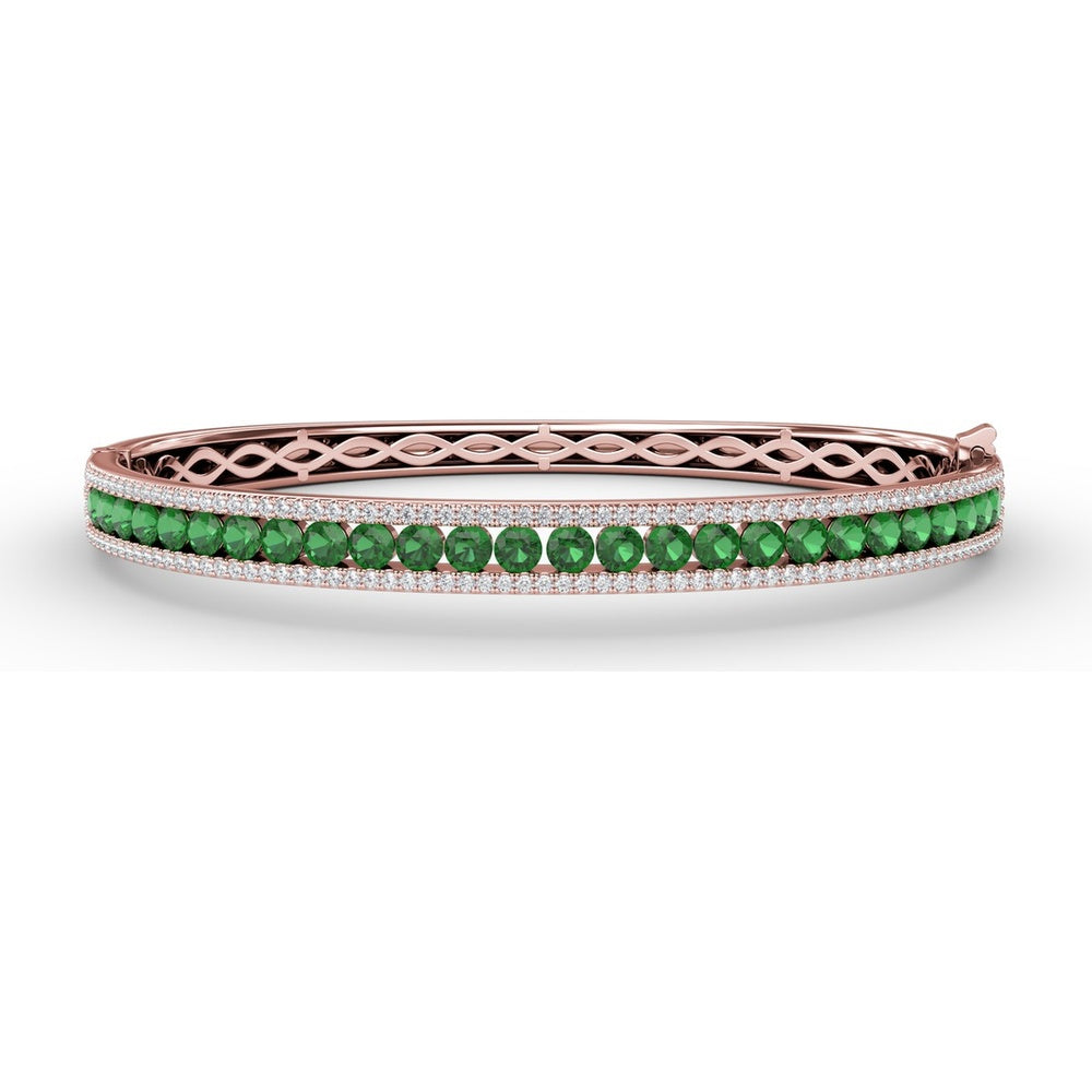 Channel Set Round Emerald and Pavé Diamond Bangle with Openwork Sides by Fana - 3.75 Carat Total Gemstone Weight