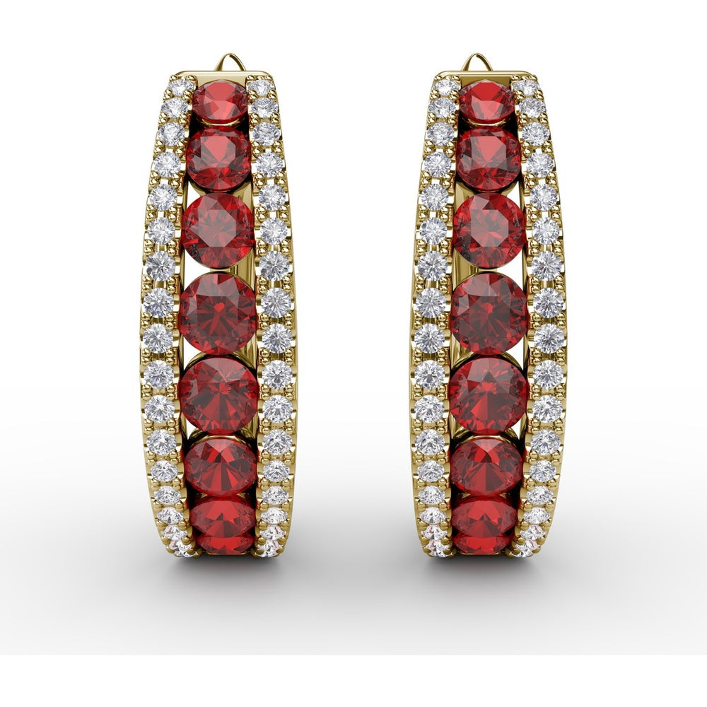 Channel Set Ruby and Diamond Fashion Hoop Earrings by Fana - 2.15 Carat Total Gemstone Weight
