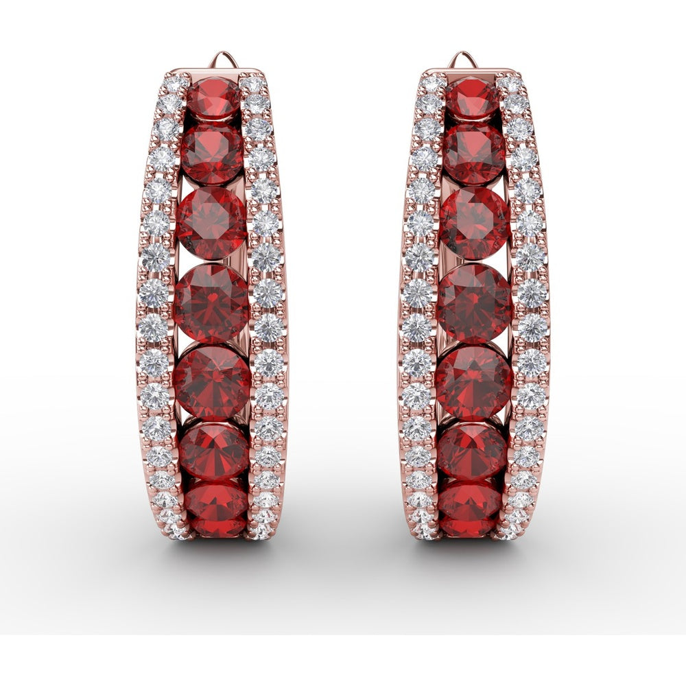 Channel Set Ruby and Diamond Fashion Hoop Earrings by Fana - 2.15 Carat Total Gemstone Weight