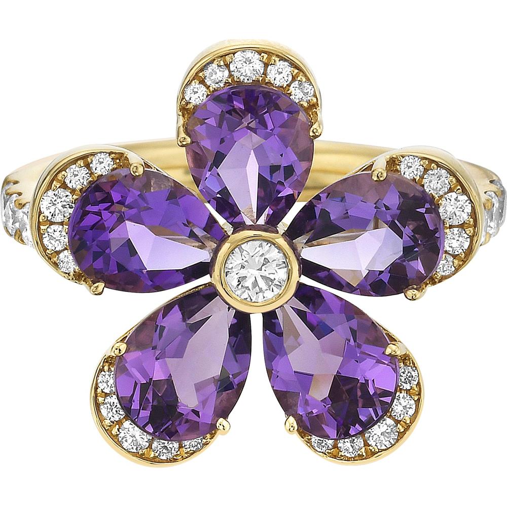 Charles Krypell - Diamond and Amethyst Pave Edge Amethyst Flower Ring in 18K Yellow Gold