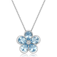 Charles Krypell - Diamond and Aquamarine Semi Bezel Aquamarine Flower Pendant in 18K White Gold