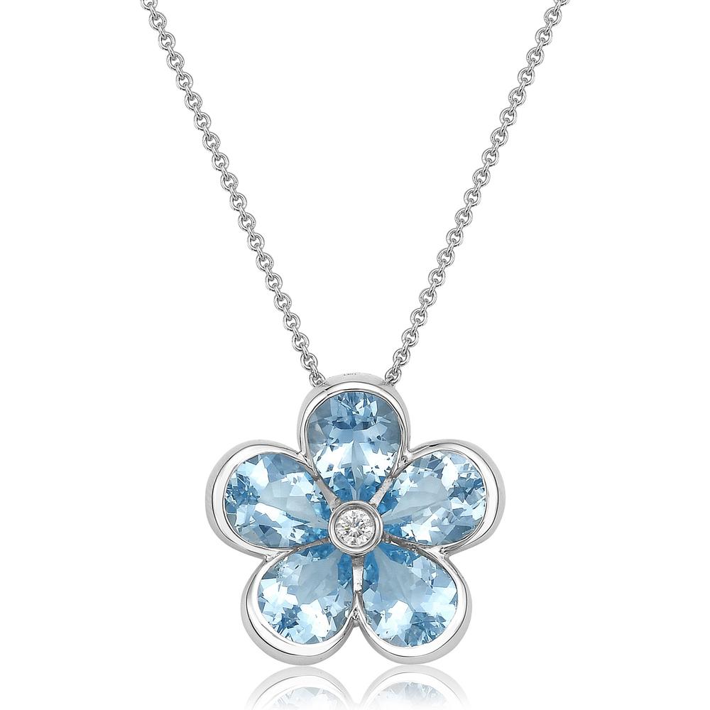 Charles Krypell - Diamond and Aquamarine Semi Bezel Aquamarine Flower Pendant in 18K White Gold