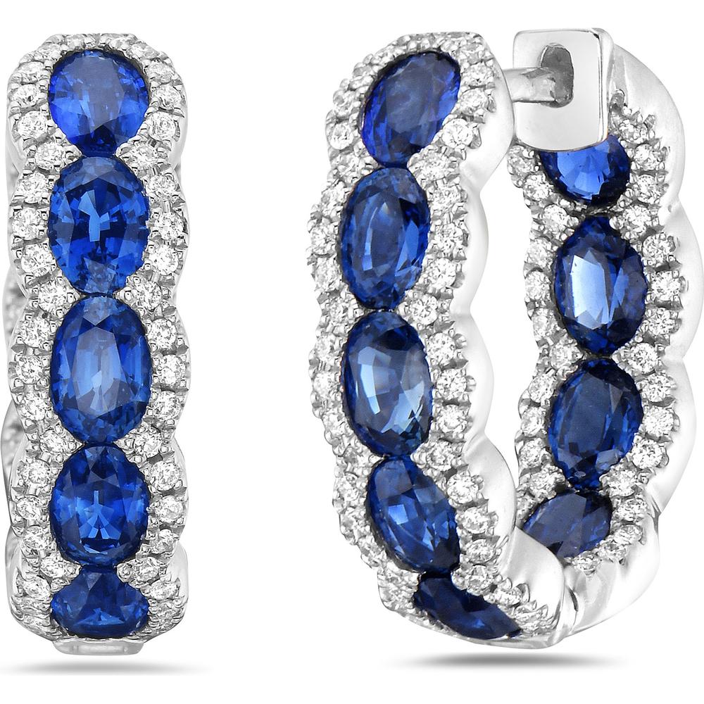 Charles Krypell - Diamond and Blue Sapphire Blue Sapphire Oval Hoops in 18K White Gold