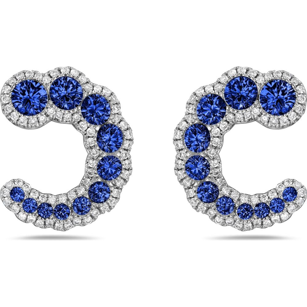 Charles Krypell - Diamond and Blue Sapphire Blue Sapphire Swoop Huggie Earrings in 18K White Gold