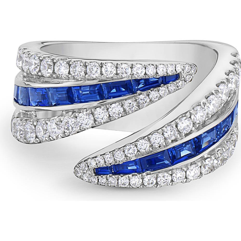 Charles Krypell - Diamond and Blue Sapphire Double Edge Baguette Ring in 18K White Gold
