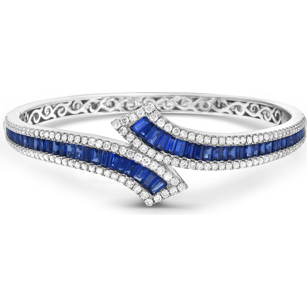 Charles Krypell - Diamond and Blue Sapphire Graduated Baguette Bypass Bangle in 18K White Gold