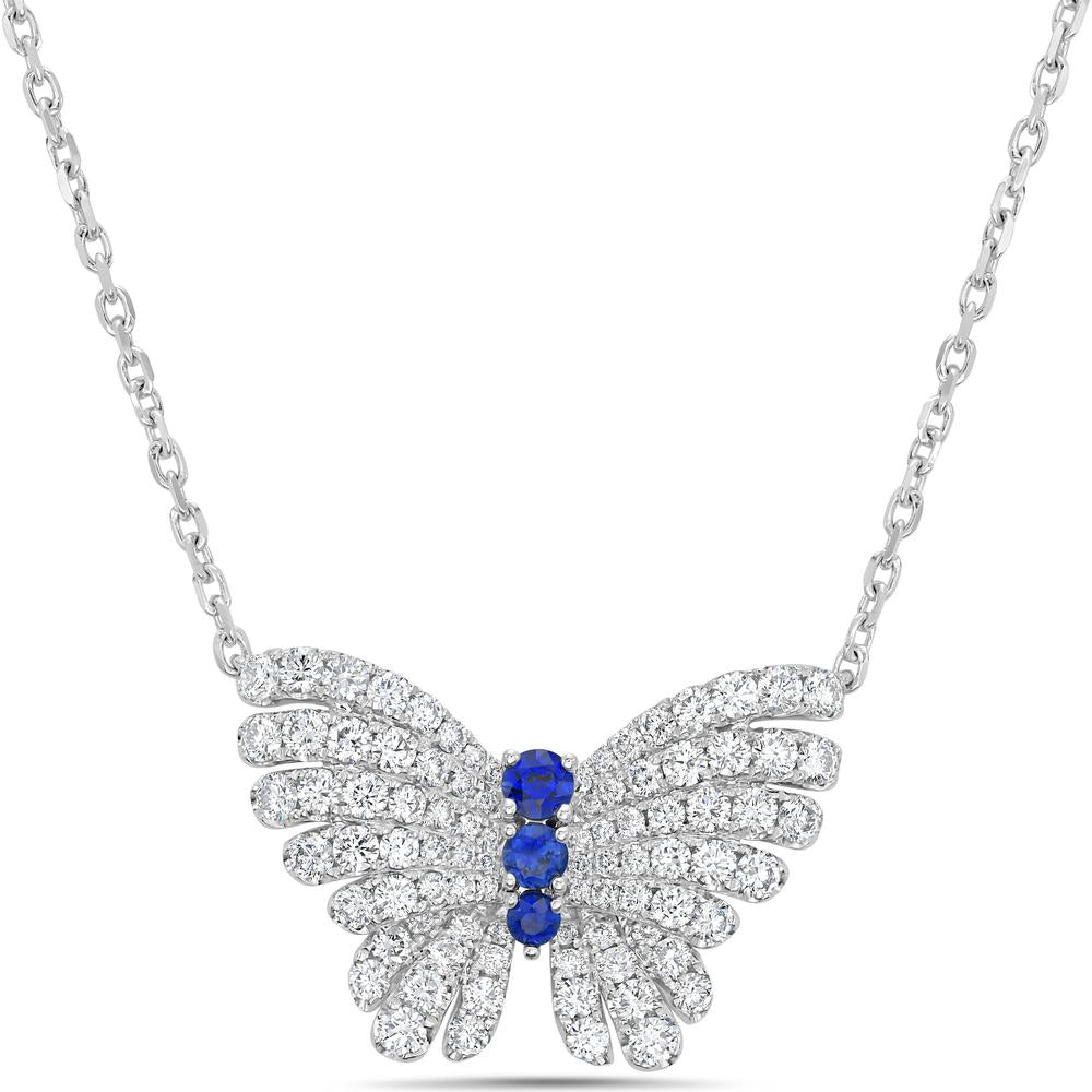 Charles Krypell - Diamond and Blue Sapphire Monarch Butterfly Pendant in 18K White Gold
