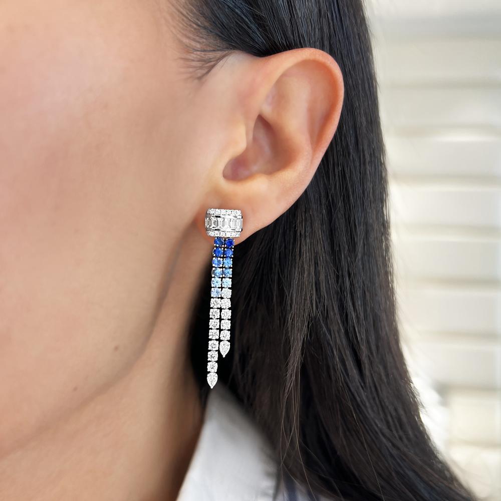 Charles Krypell - Diamond and Blue Sapphire Ombre Sapphire and Diamond Lariat Earrings in 18K White Gold